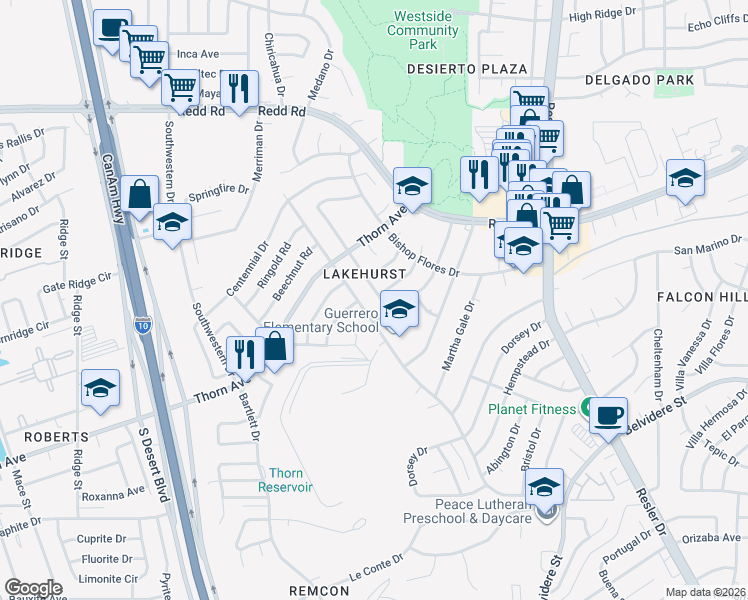 map of restaurants, bars, coffee shops, grocery stores, and more near 8504 Lakehurst Road in El Paso