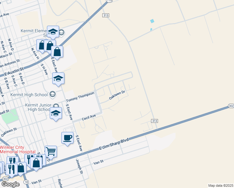 map of restaurants, bars, coffee shops, grocery stores, and more near 2185 Oaklawn Drive in Kermit