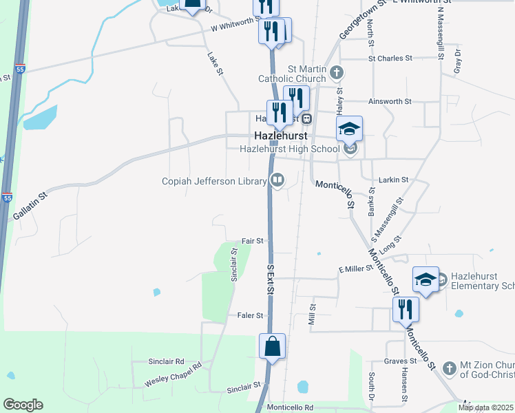map of restaurants, bars, coffee shops, grocery stores, and more near 240 South Extension Street in Hazlehurst
