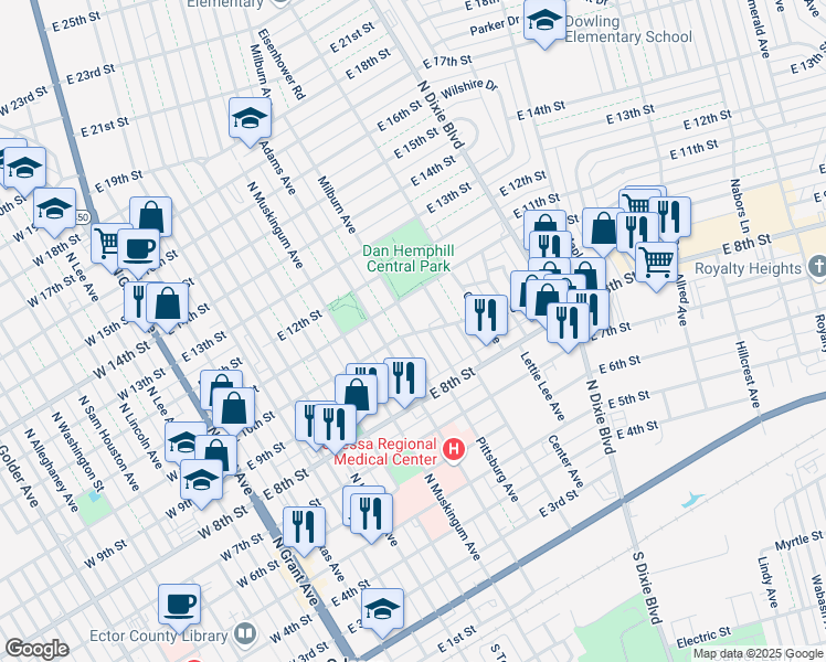 map of restaurants, bars, coffee shops, grocery stores, and more near 1007 Milburn Avenue in Odessa
