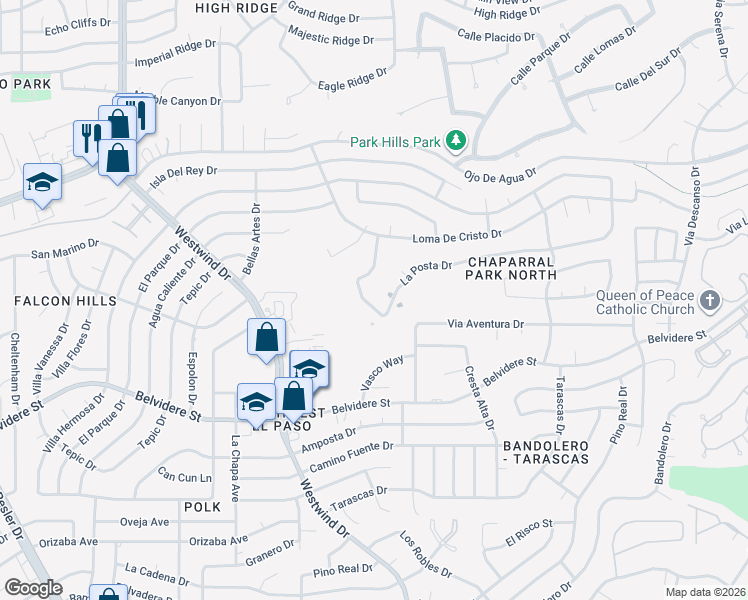 map of restaurants, bars, coffee shops, grocery stores, and more near 6437 La Posta Dr in El Paso