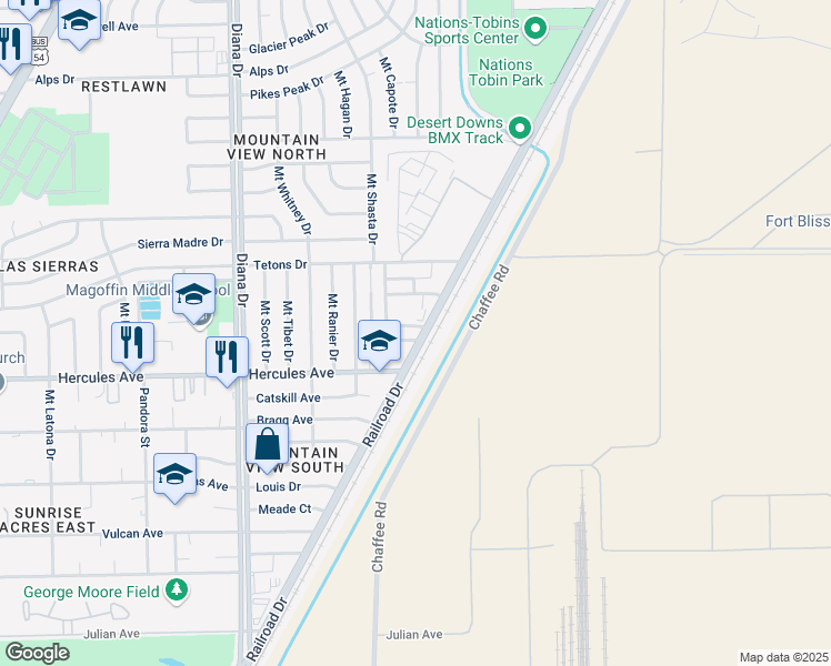 map of restaurants, bars, coffee shops, grocery stores, and more near 5232 Adolphus Avenue in El Paso