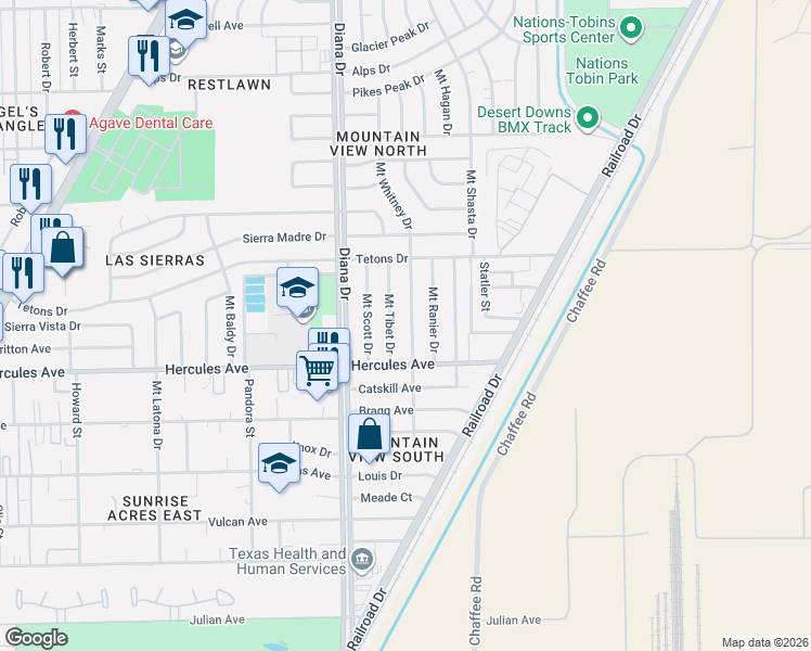 map of restaurants, bars, coffee shops, grocery stores, and more near 8409 Mount Whitney Drive in El Paso