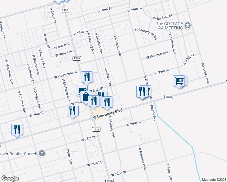 map of restaurants, bars, coffee shops, grocery stores, and more near 2928 Galahad Avenue in Odessa