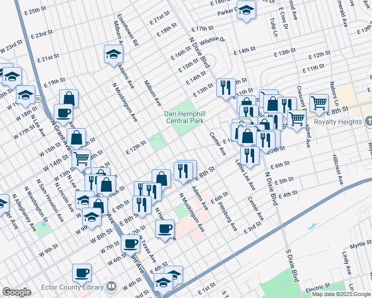 map of restaurants, bars, coffee shops, grocery stores, and more near 1007 Milburn Avenue in Odessa