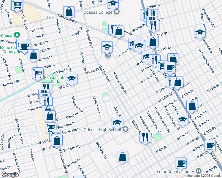 map of restaurants, bars, coffee shops, grocery stores, and more near 648-698 West 18th Street in Odessa