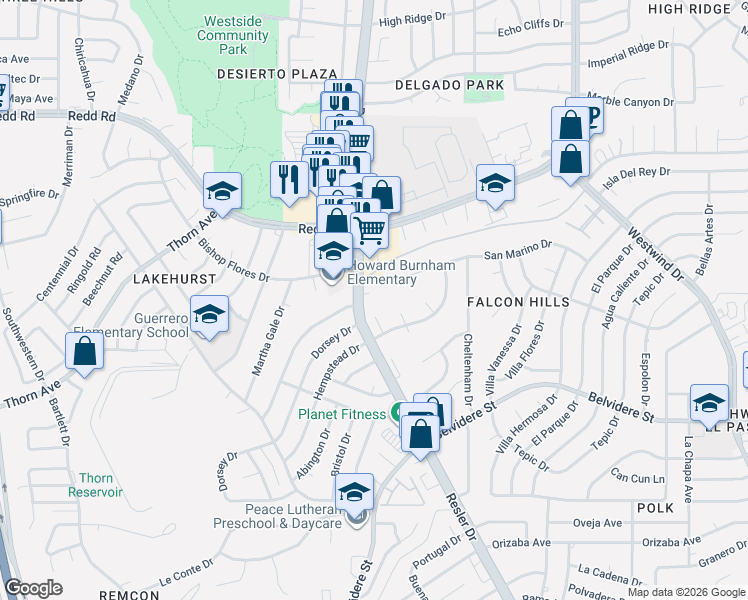 map of restaurants, bars, coffee shops, grocery stores, and more near 7240 San Marino Drive in El Paso