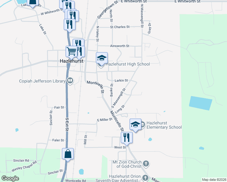 map of restaurants, bars, coffee shops, grocery stores, and more near 205 Banks Street in Hazlehurst