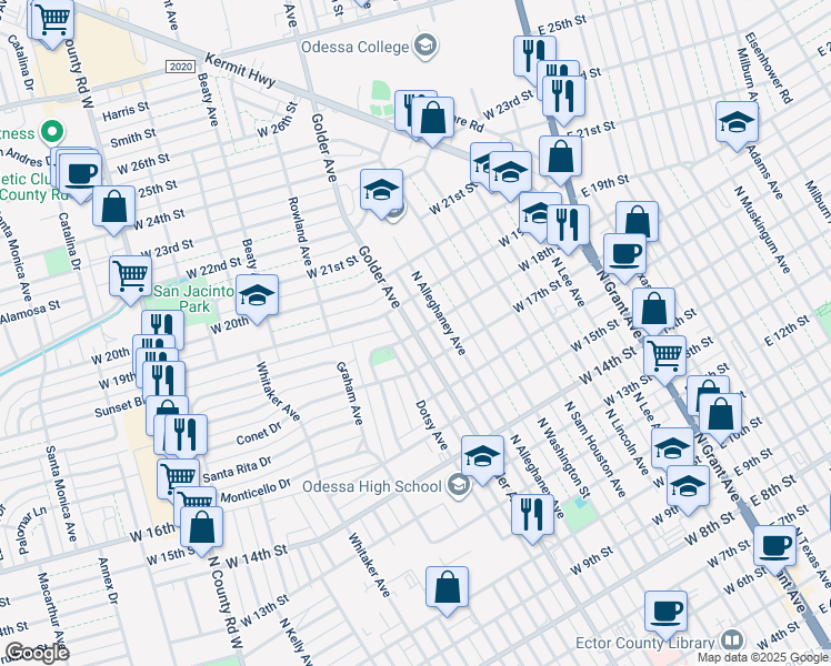 map of restaurants, bars, coffee shops, grocery stores, and more near 698 West 18th Street in Odessa