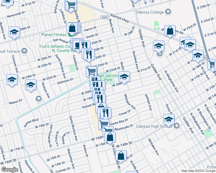map of restaurants, bars, coffee shops, grocery stores, and more near 1206 W 20th St in Odessa