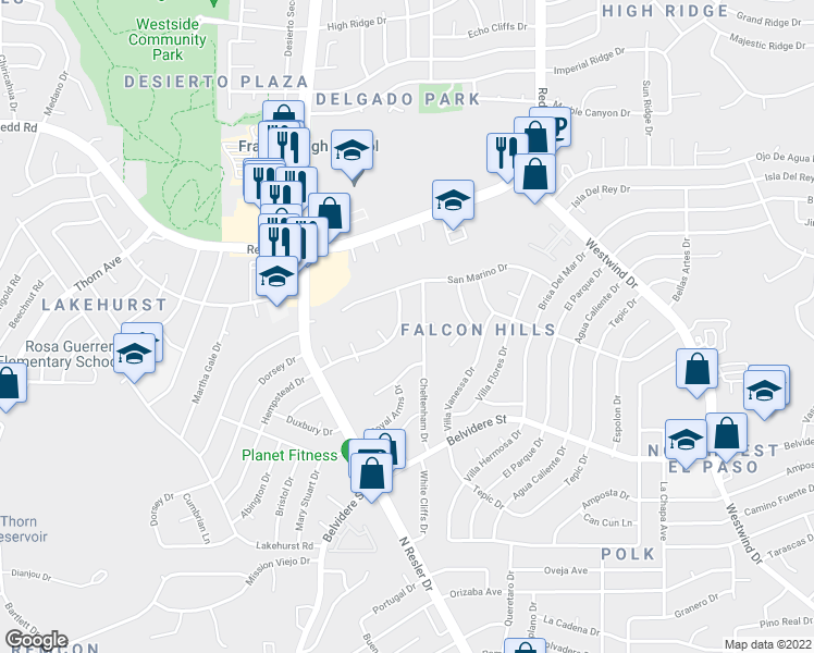 map of restaurants, bars, coffee shops, grocery stores, and more near 868 Hempstead Drive in El Paso