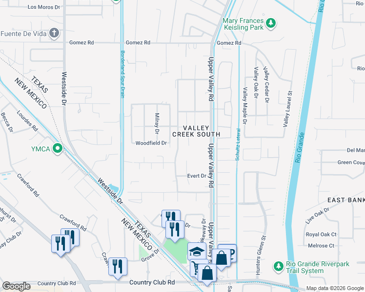map of restaurants, bars, coffee shops, grocery stores, and more near 5500 Cory Drive in El Paso