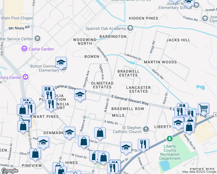 map of restaurants, bars, coffee shops, grocery stores, and more near 603 North Main Street in Hinesville