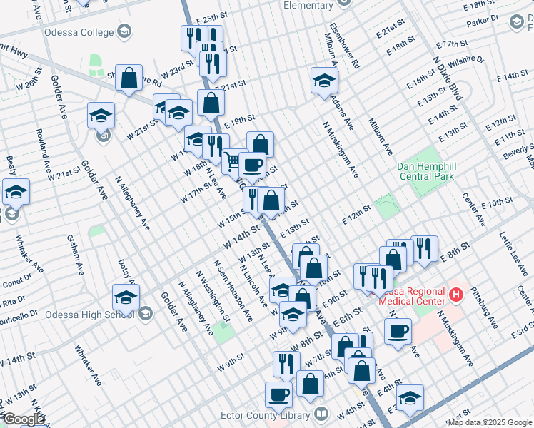 map of restaurants, bars, coffee shops, grocery stores, and more near 1406 North Grant Avenue in Odessa