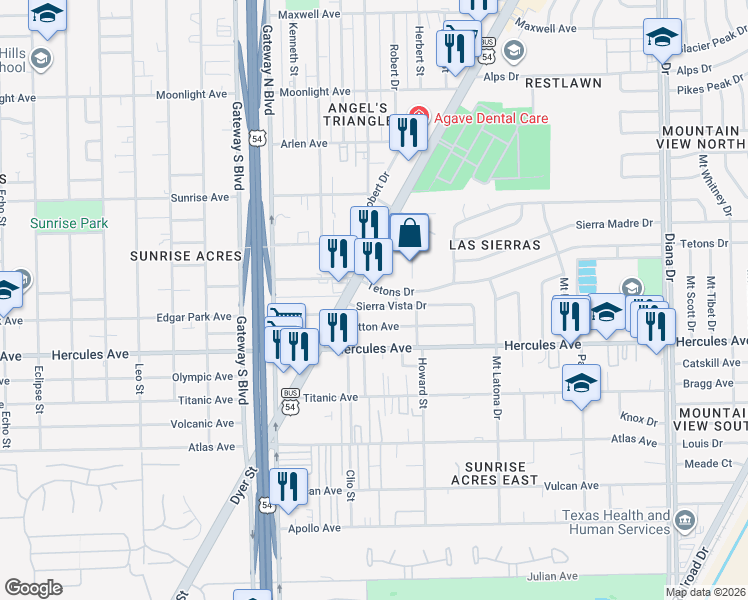 map of restaurants, bars, coffee shops, grocery stores, and more near 4525 Sierra Vista Dr in El Paso