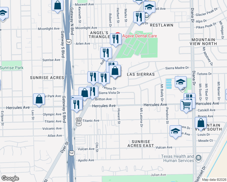 map of restaurants, bars, coffee shops, grocery stores, and more near 4613 Sierra Vista Drive in El Paso