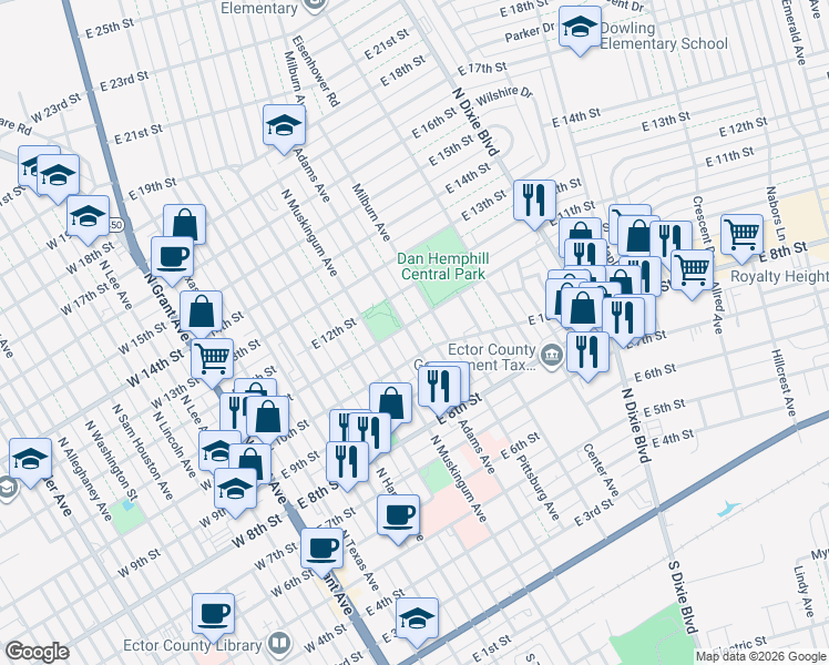 map of restaurants, bars, coffee shops, grocery stores, and more near 1007 Milburn Avenue in Odessa
