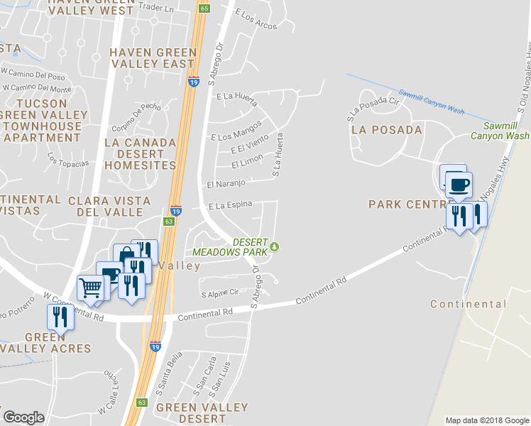 map of restaurants, bars, coffee shops, grocery stores, and more near 929 South La Pera in Green Valley