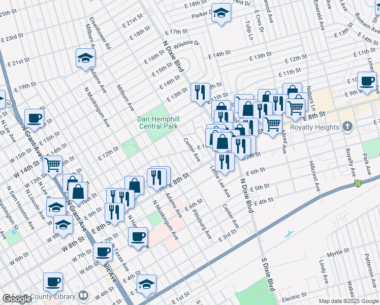 map of restaurants, bars, coffee shops, grocery stores, and more near 823 Center Avenue in Odessa
