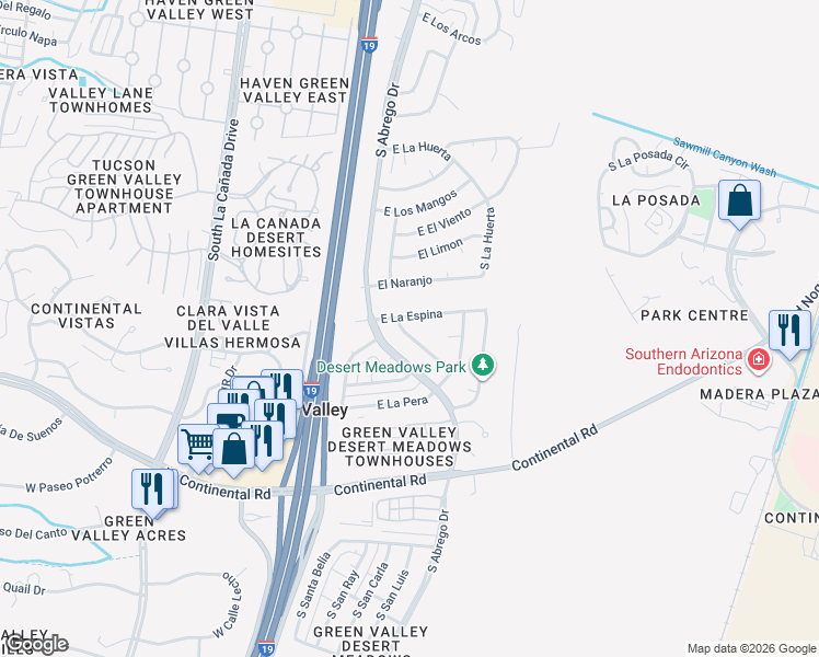 map of restaurants, bars, coffee shops, grocery stores, and more near 921 South La Bellota in Green Valley