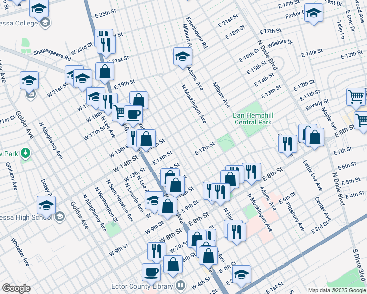 map of restaurants, bars, coffee shops, grocery stores, and more near 305 East 13th Street in Odessa