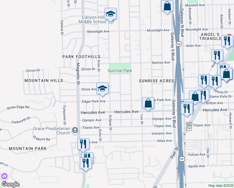map of restaurants, bars, coffee shops, grocery stores, and more near 3720 Hubble Drive in El Paso