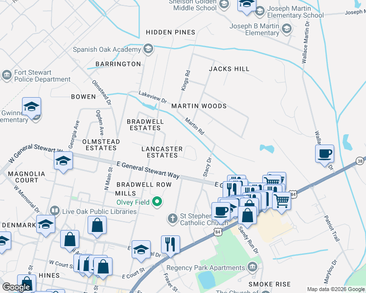 map of restaurants, bars, coffee shops, grocery stores, and more near 454 Floyd Circle in Hinesville