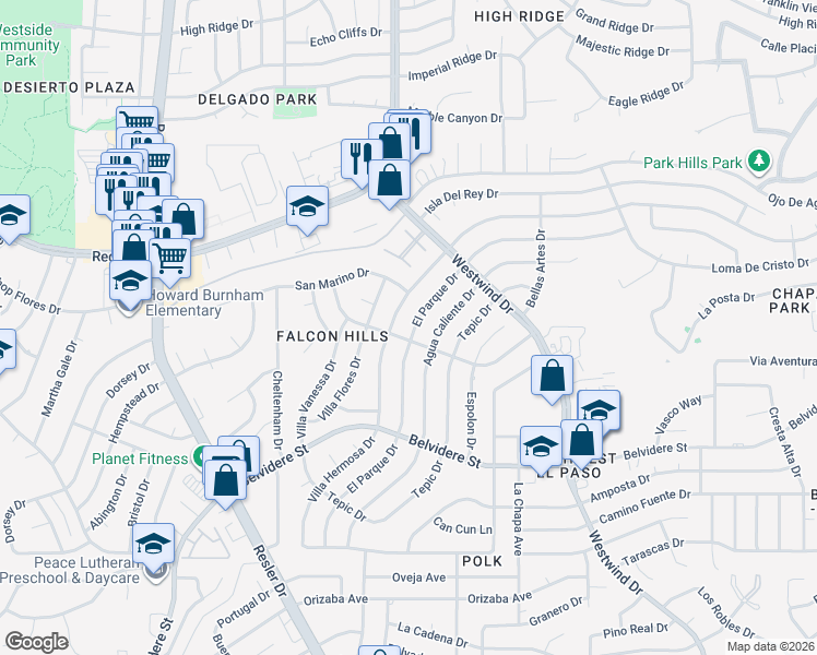 map of restaurants, bars, coffee shops, grocery stores, and more near 805 El Parque Drive in El Paso