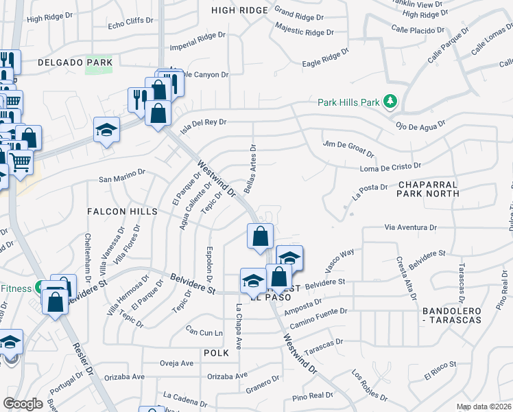 map of restaurants, bars, coffee shops, grocery stores, and more near 7100 Westwind Drive in El Paso