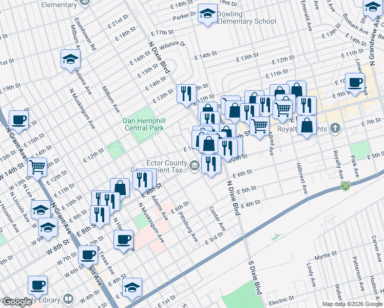map of restaurants, bars, coffee shops, grocery stores, and more near 811 Moody Avenue in Odessa