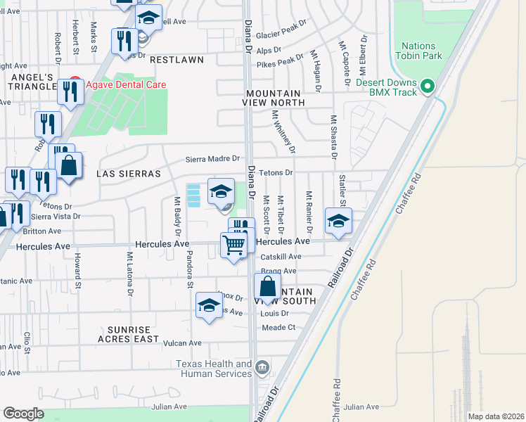 map of restaurants, bars, coffee shops, grocery stores, and more near 8409 Mount Scott Drive in El Paso