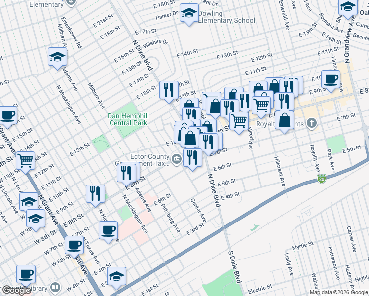 map of restaurants, bars, coffee shops, grocery stores, and more near 1201-1229 East 8th Street in Odessa
