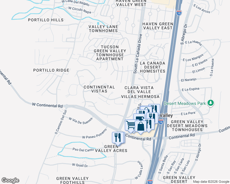 map of restaurants, bars, coffee shops, grocery stores, and more near 1017 South Horizonte Place in Green Valley