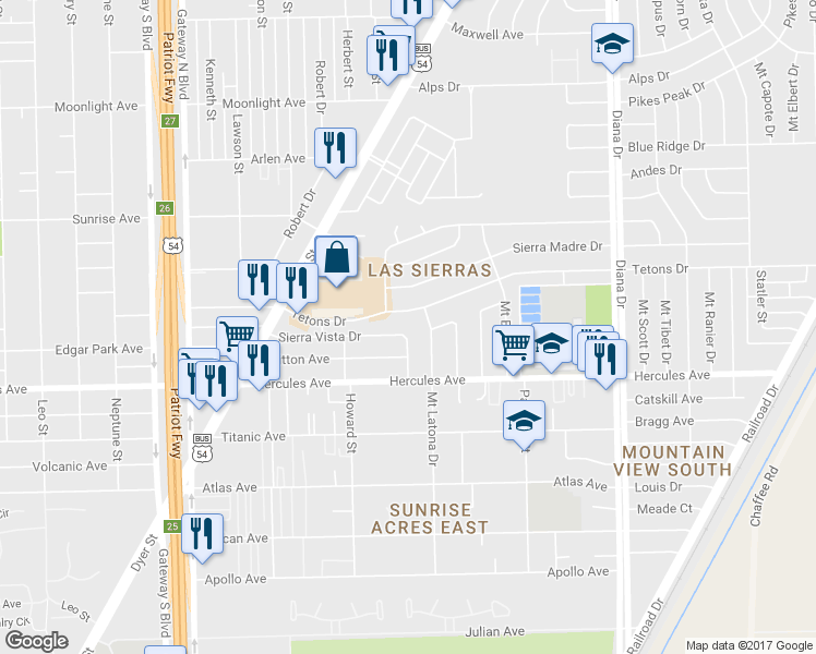 map of restaurants, bars, coffee shops, grocery stores, and more near 4751 Sierra Vista Dr in El Paso