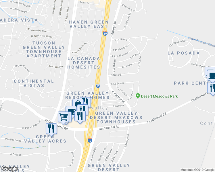 map of restaurants, bars, coffee shops, grocery stores, and more near 32 East La Espina in Green Valley