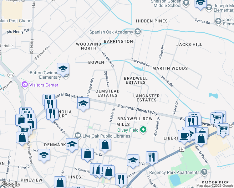 map of restaurants, bars, coffee shops, grocery stores, and more near 602 North Main Street in Hinesville