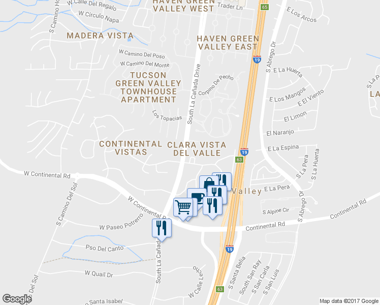 map of restaurants, bars, coffee shops, grocery stores, and more near 916 South Clara Vista Circle in Green Valley
