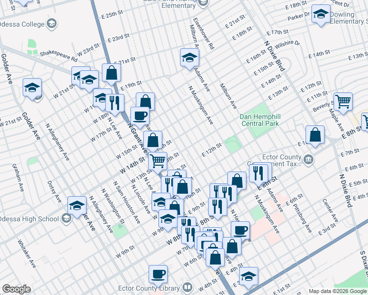 map of restaurants, bars, coffee shops, grocery stores, and more near 305 East 13th Street in Odessa