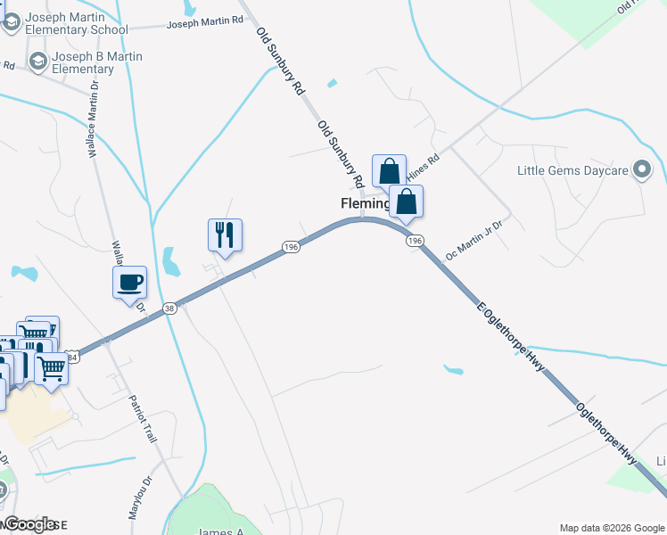 map of restaurants, bars, coffee shops, grocery stores, and more near 1753 East Oglethorpe Highway in Hinesville