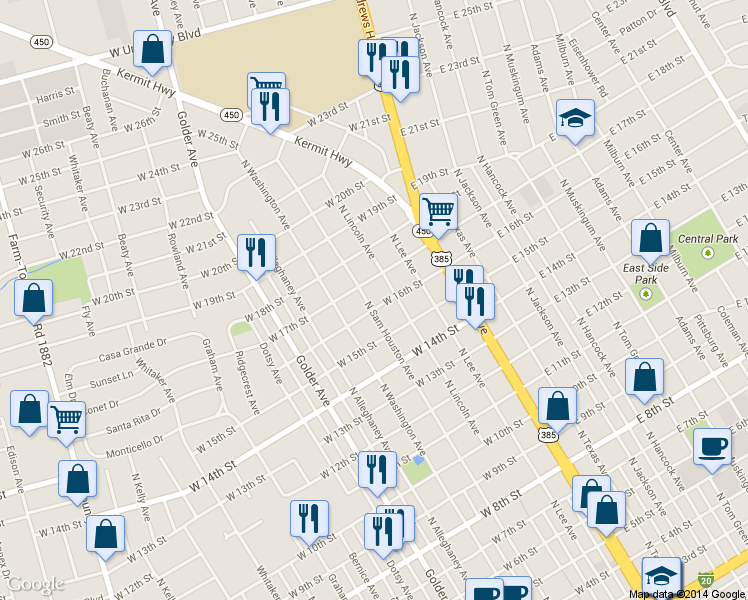 map of restaurants, bars, coffee shops, grocery stores, and more near 1602 North Sam Houston Avenue in Odessa