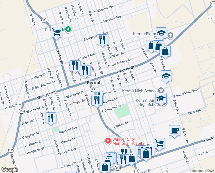 map of restaurants, bars, coffee shops, grocery stores, and more near 205 South Ash Street in Kermit