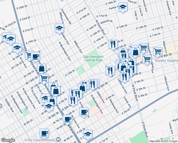 map of restaurants, bars, coffee shops, grocery stores, and more near 1007 Milburn Avenue in Odessa