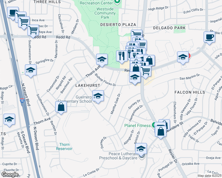 map of restaurants, bars, coffee shops, grocery stores, and more near 744 Derrickson Drive in El Paso