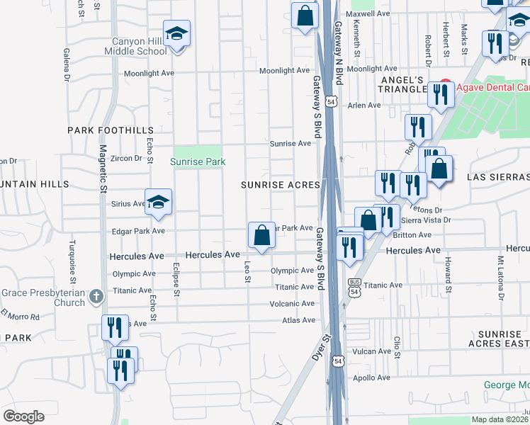 map of restaurants, bars, coffee shops, grocery stores, and more near 8415 Mercury Street in El Paso