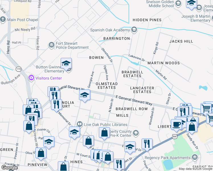 map of restaurants, bars, coffee shops, grocery stores, and more near 201 Elizabeth Street in Hinesville