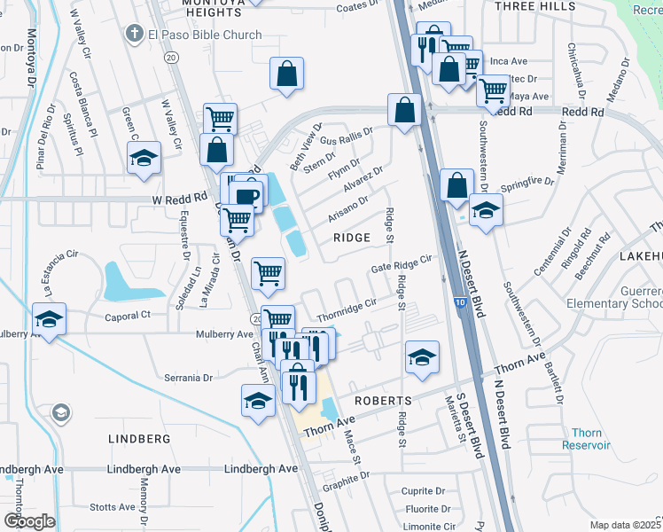 map of restaurants, bars, coffee shops, grocery stores, and more near 5453 Ridge Street in El Paso