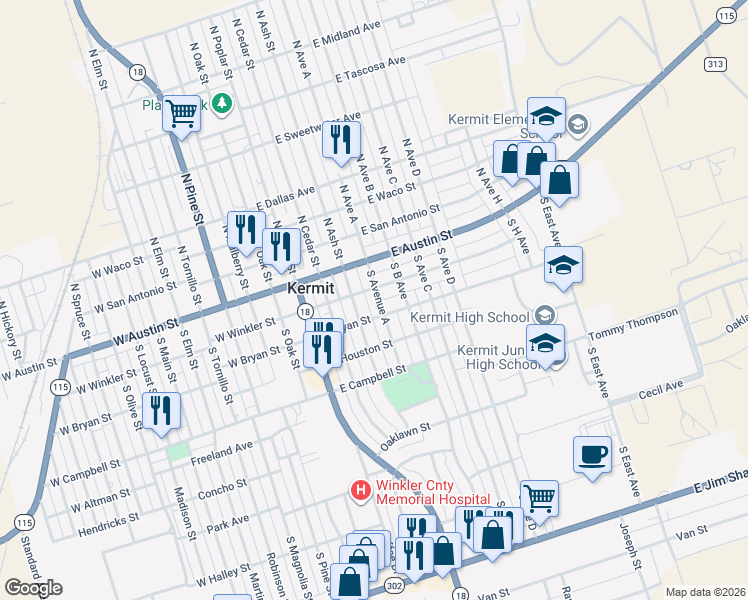 map of restaurants, bars, coffee shops, grocery stores, and more near 205 South Ash Street in Kermit