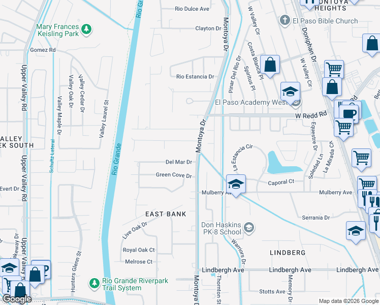 map of restaurants, bars, coffee shops, grocery stores, and more near 5503 Montoya Drive in El Paso