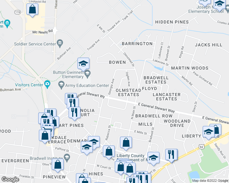 map of restaurants, bars, coffee shops, grocery stores, and more near 211 Elizabeth Street in Hinesville