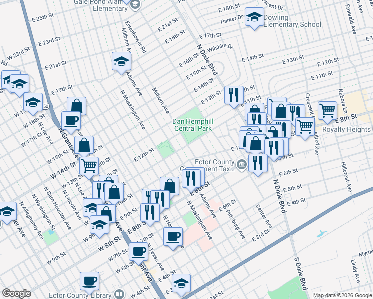 map of restaurants, bars, coffee shops, grocery stores, and more near 1007 Milburn Avenue in Odessa